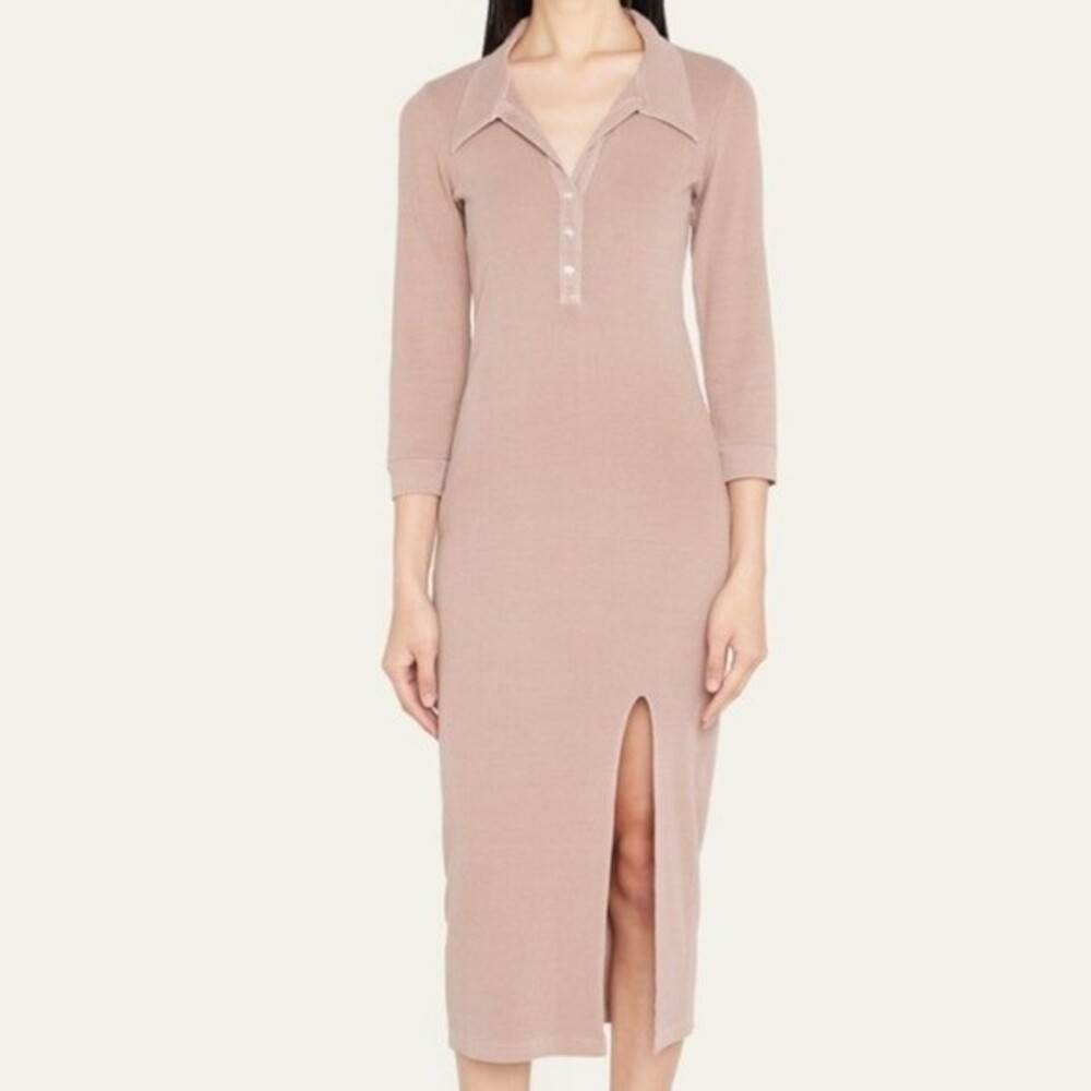 NSF Mia Ribbed Polo Midi Dress 3/4 Sleeves with Front Slit, Size S